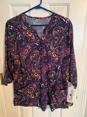 Butter Soft Scrub Top Navy Paisley Tunic with Pink and Orange Accents